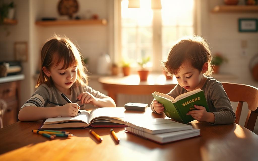 Two children reading and writing at a sunlit kitchen table