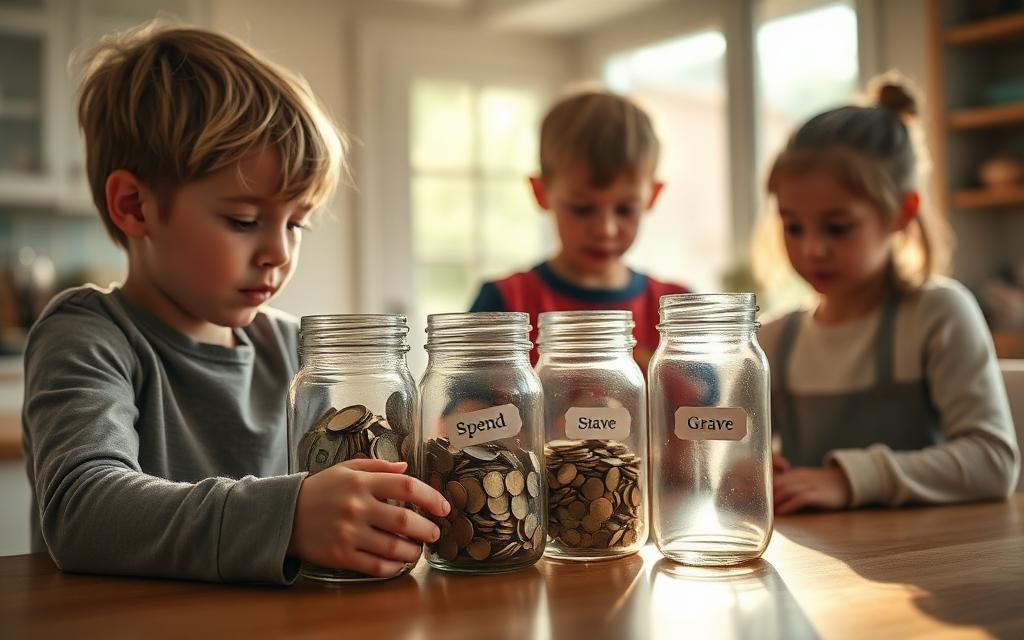 Children sorting coins into spend, save, and give jars
