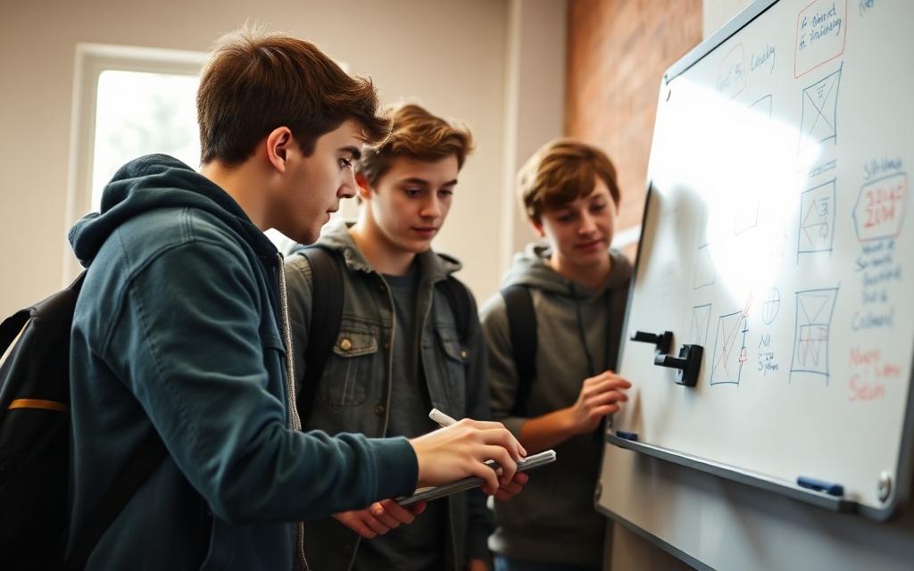 Teens collaborating on a hands-on project at a whiteboard